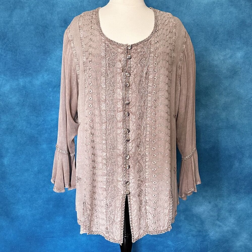 Braja Exclusives Embroidered Button Down Flowy Boho Top, 3L